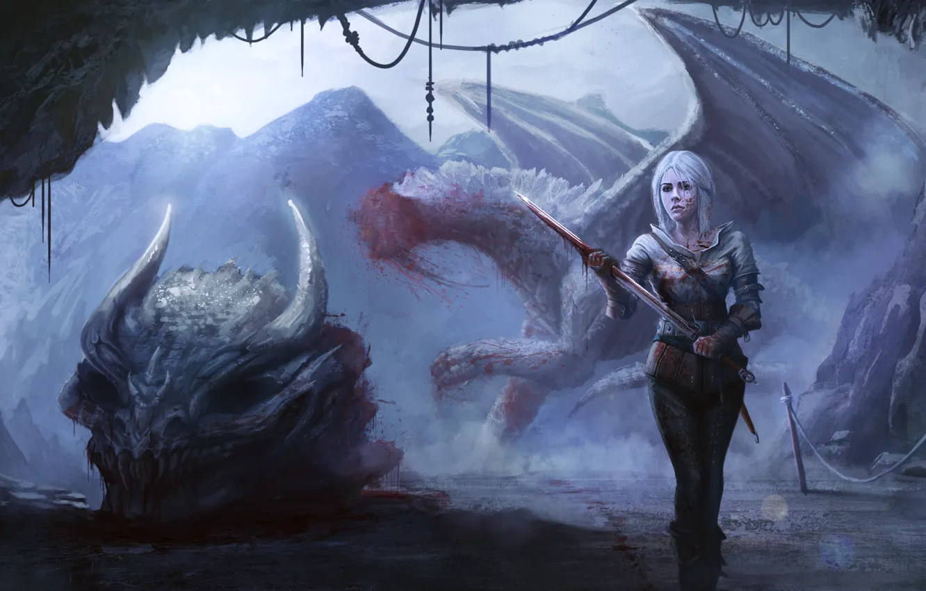 Photo wallpaper girl, dragon, skull, art, Witcher 3: Wild Hunt, Cirilla