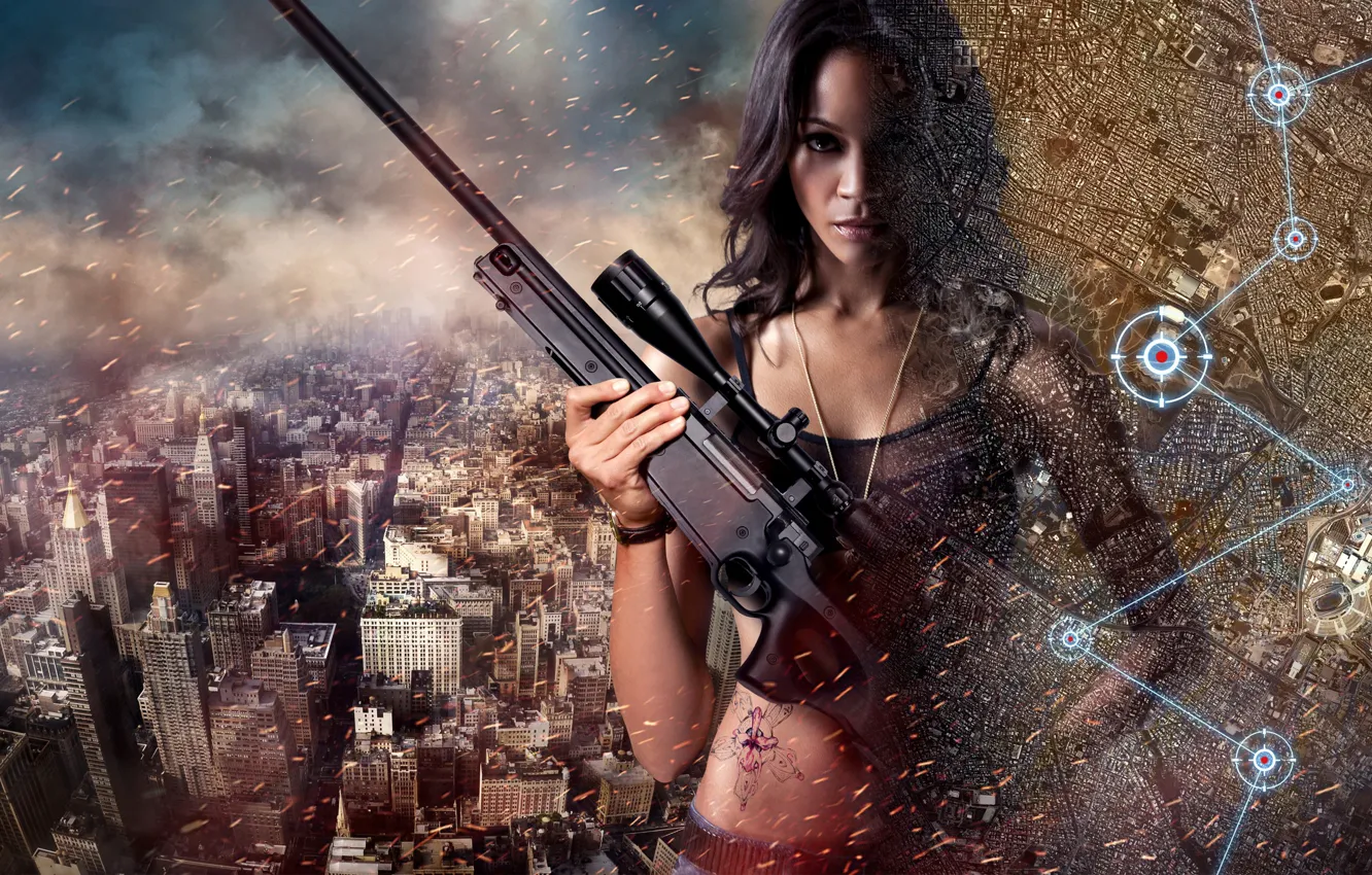 Photo wallpaper girl, face, the city, the film, map, skyscrapers, actress, tattoo