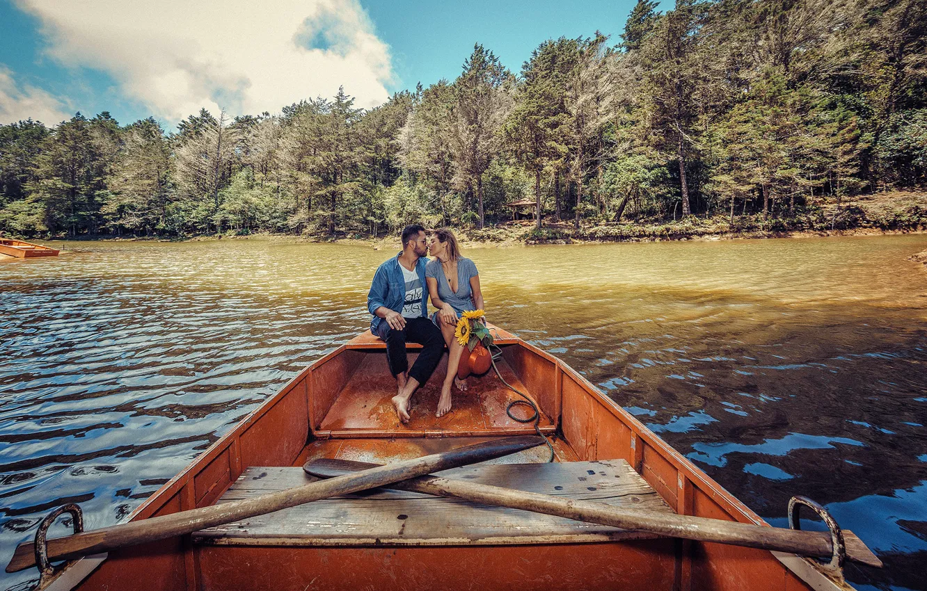 Photo wallpaper forest, summer, girl, river, boat, kiss, male, lovers