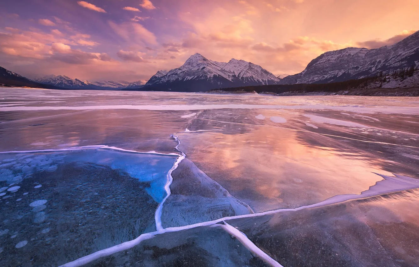 Photo wallpaper ice, the sky, clouds, landscape, sunset, mountains, nature, lake