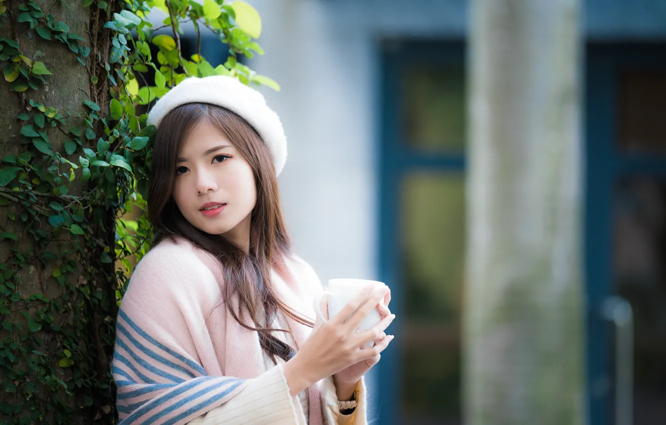 Photo wallpaper look, model, portrait, makeup, hairstyle, Cup, brown hair, Asian