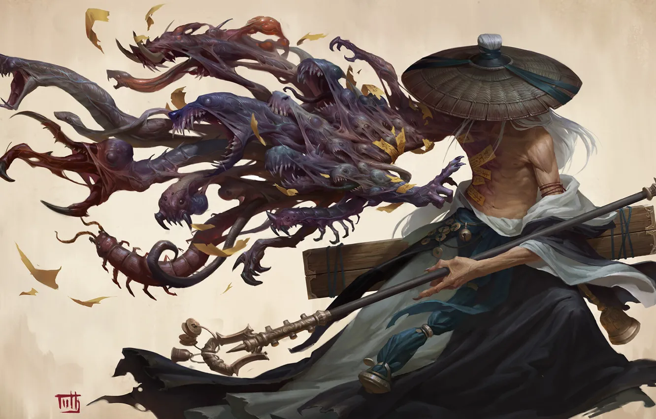 Photo wallpaper fantasy, hat, man, Bell, samurai, digital art, artwork, warrior