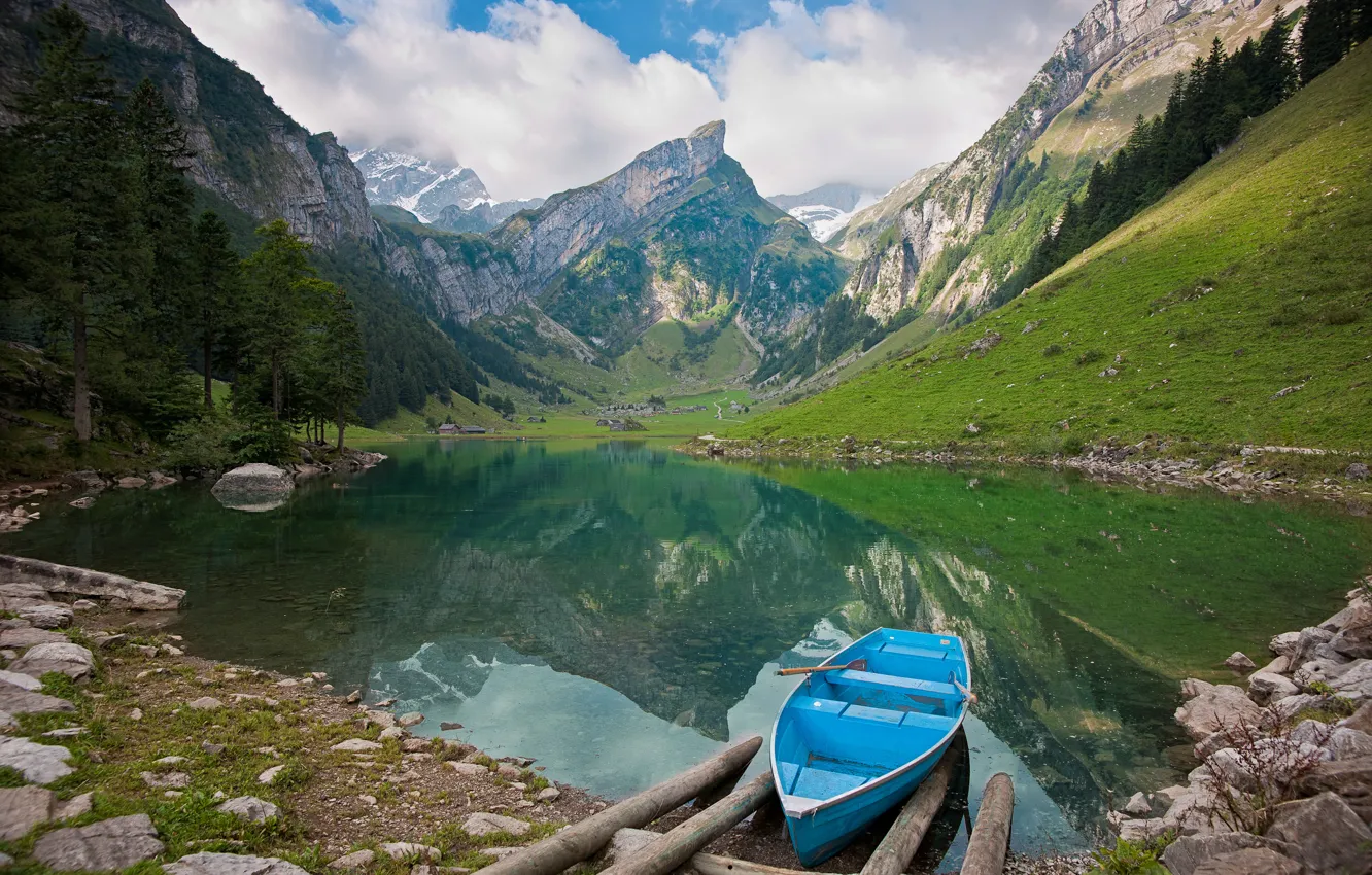 Photo wallpaper mountains, nature, lake, stones, boat