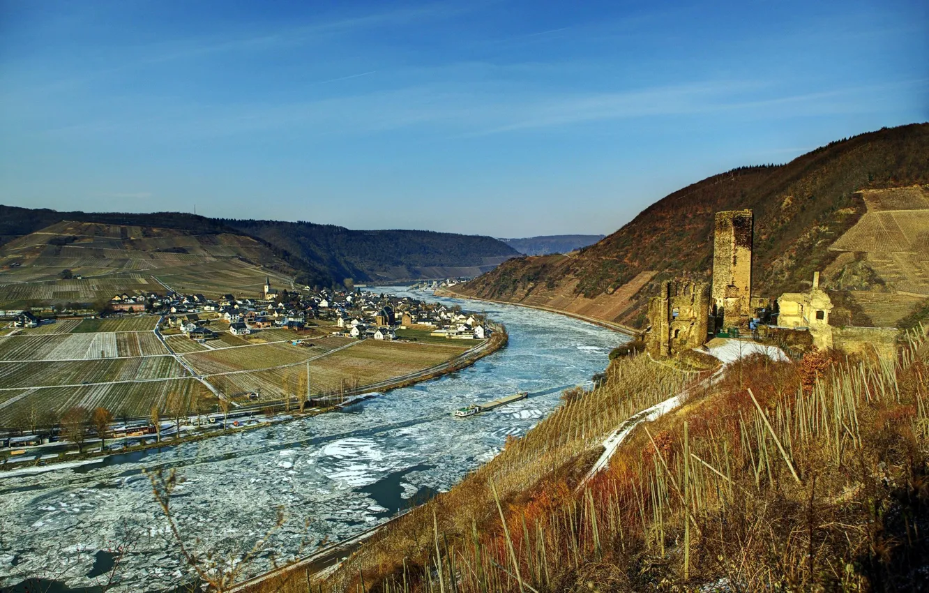 Photo wallpaper field, mountains, the city, river, castle, home, Germany, Mosel