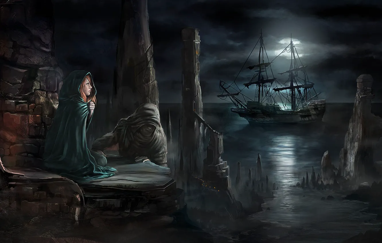 Photo wallpaper girl, clouds, light, night, the moon, shore, ship, hood