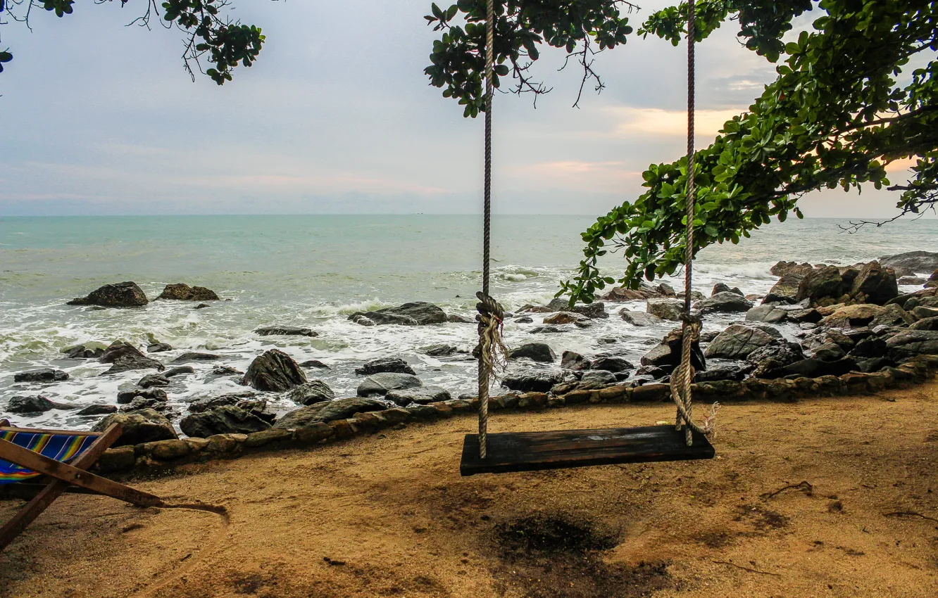 Photo wallpaper sand, sea, wave, beach, summer, the sun, palm trees, swing