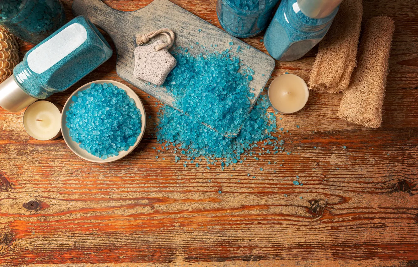 Photo wallpaper blue, Board, candles, jars, bowl, Spa, bottle, washcloth