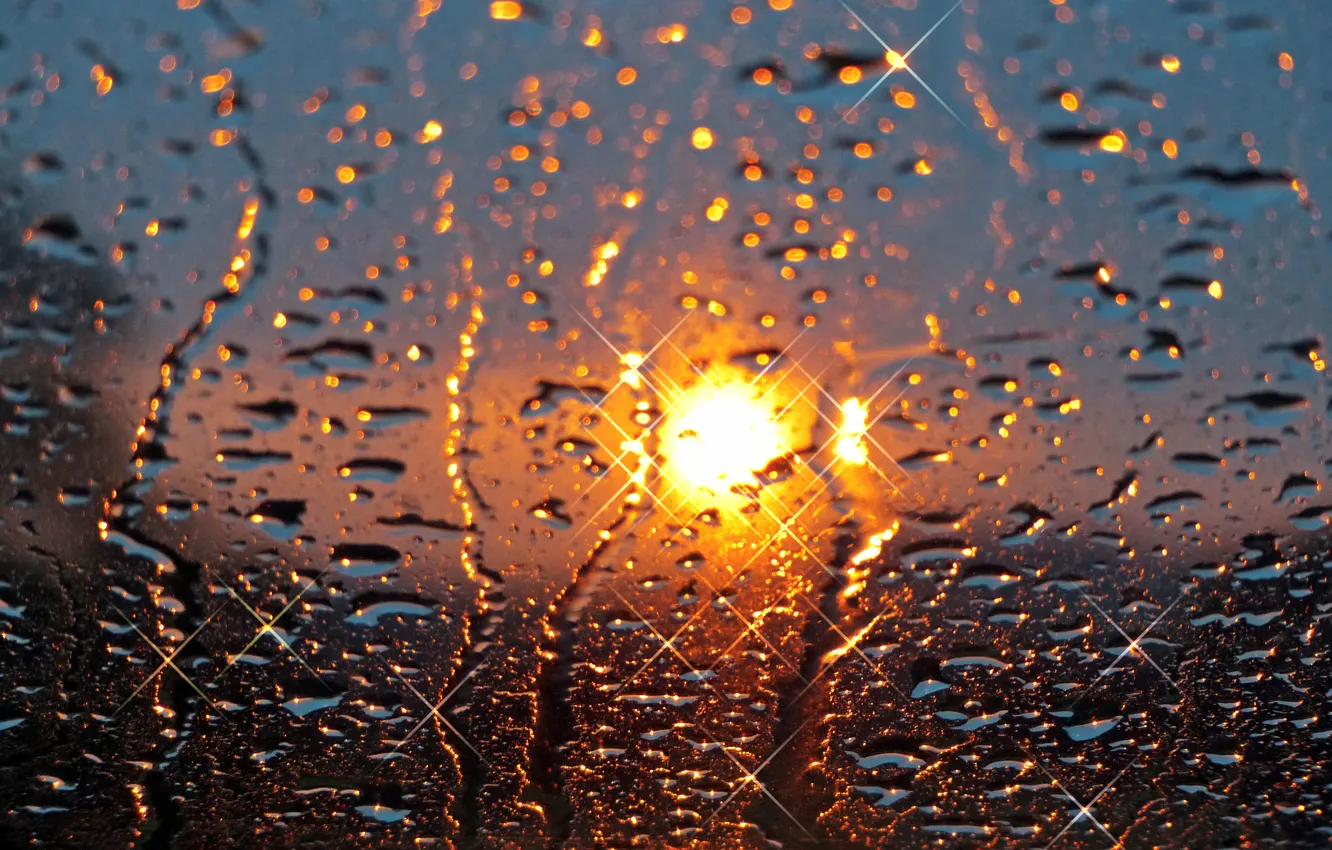 Photo wallpaper glass, the sun, drops, sunset, rain
