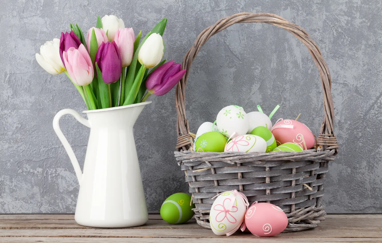 Photo wallpaper flowers, eggs, spring, colorful, Easter, wood, pink, flowers