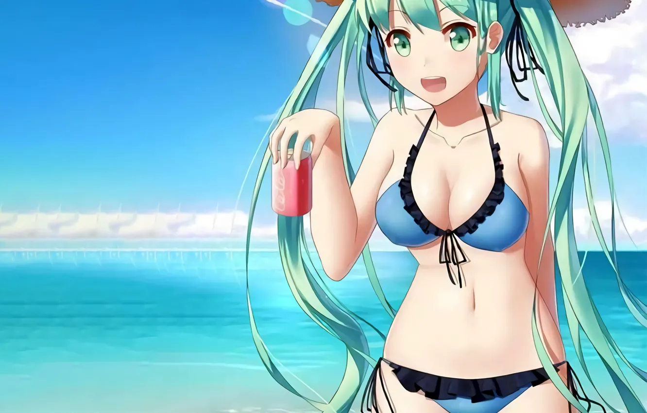 Wallpaper Girl Sexy Hatsune Miku Cleavage Beach Vocaloid Green Eyes Long Hair For Mobile 9637