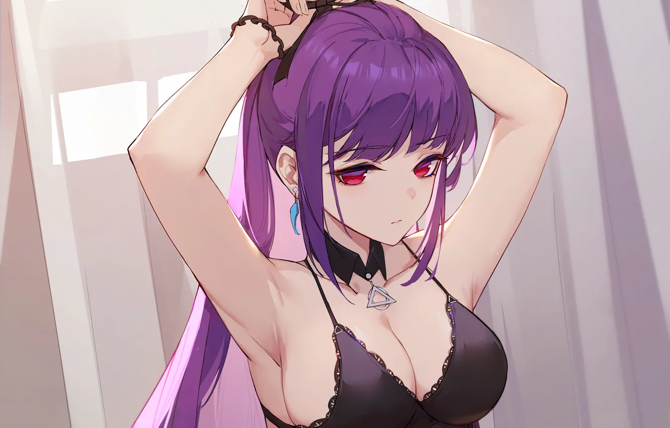 Photo wallpaper anime, attractive, top, boobs, girl, ponytail, purple hair, pretty