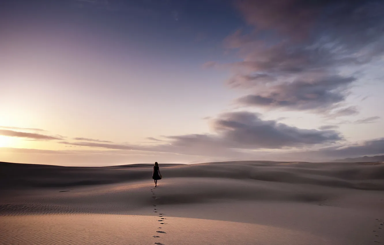 Photo wallpaper girl, sunset, mood, desert