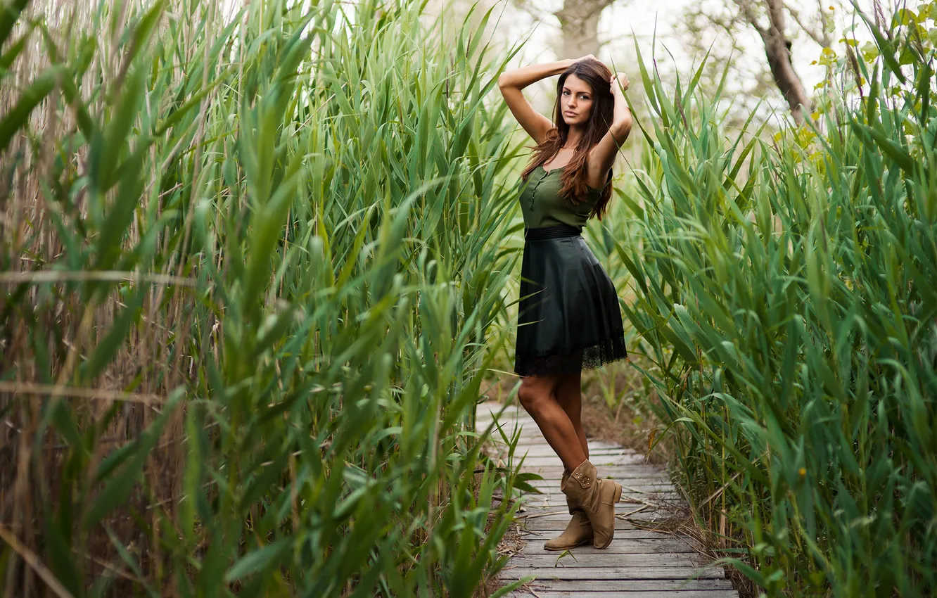 Photo wallpaper grass, girl, pose, hair, plant, skirt