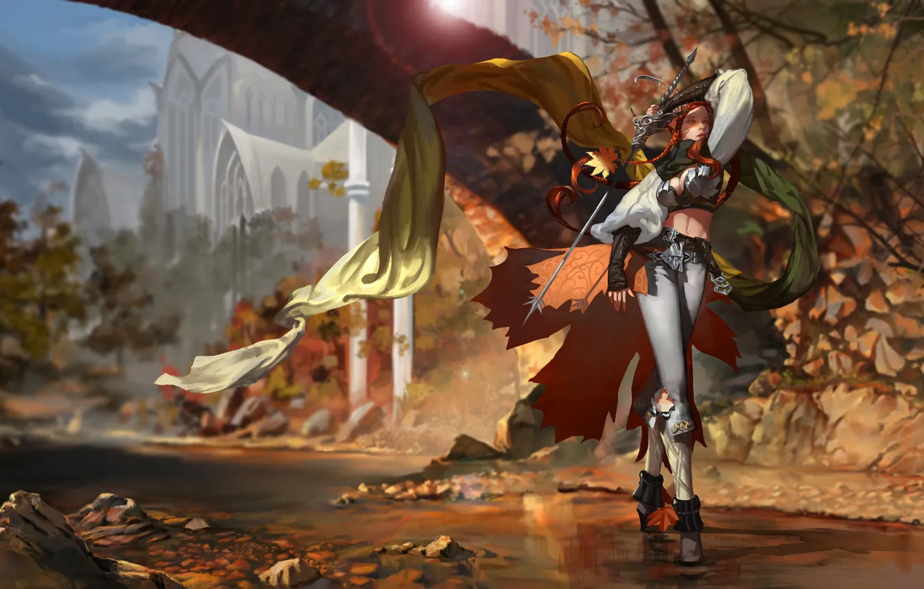 Photo wallpaper autumn, leaves, girl, river, weapons, elf, sword, scarf