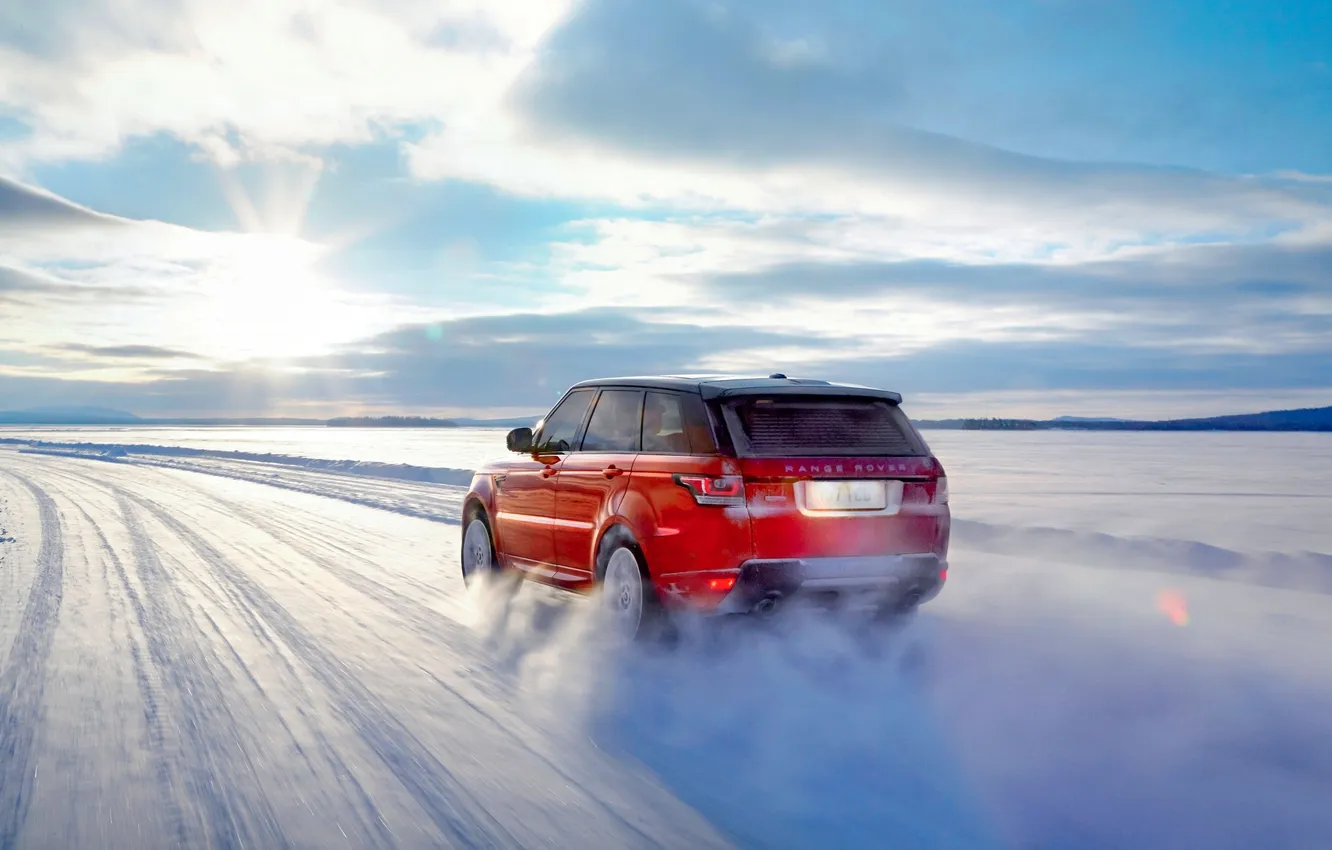 Photo wallpaper winter, auto, the sky, the sun, snow, red, speed, SUV