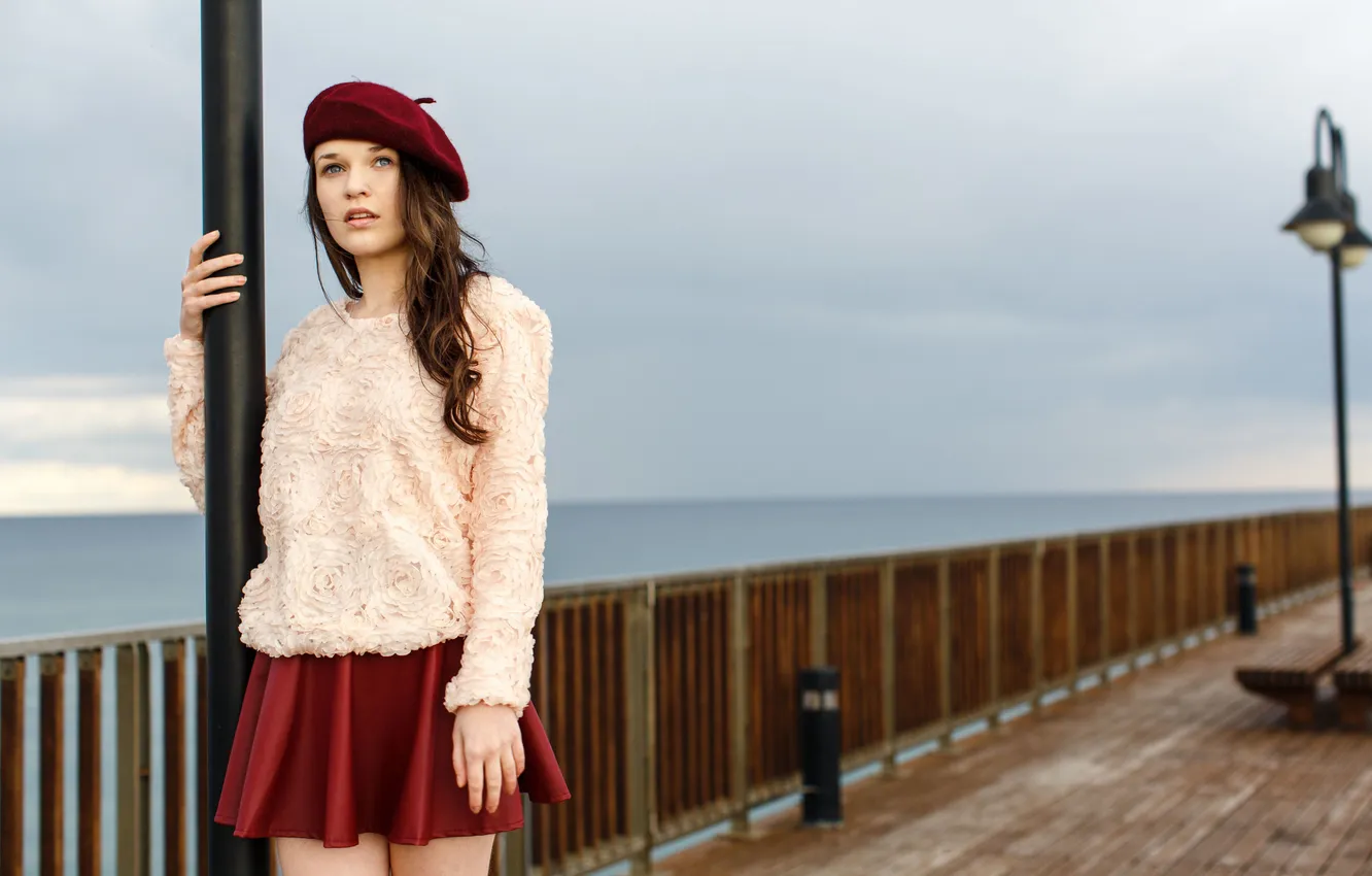 Photo wallpaper girl, skirt, pier, lights, takes, sweater, Serena Wood