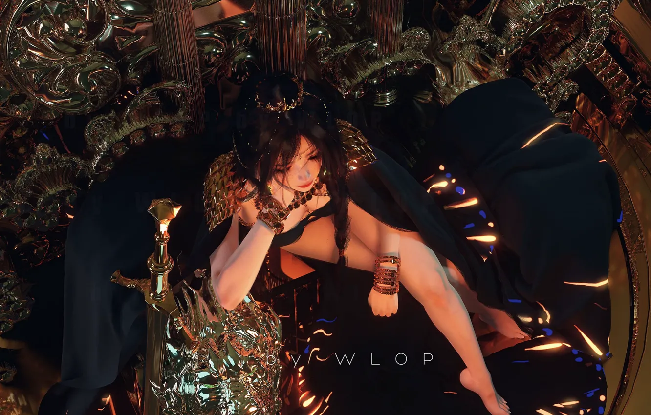 Photo wallpaper sword, barefoot, crown, mantle, bracelet, Princess, the view from the top, princess