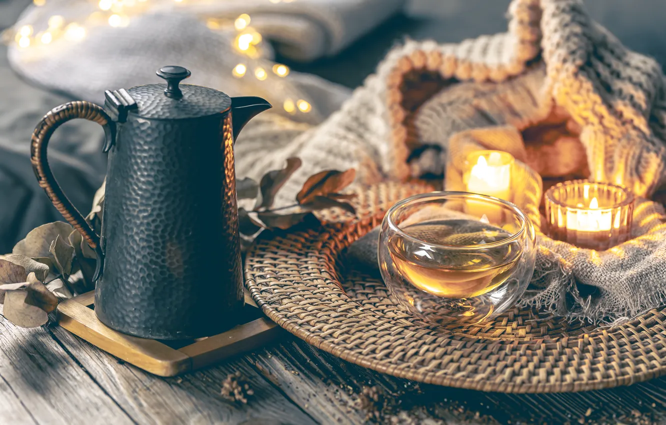 Photo wallpaper glass, light, comfort, tea, Board, candles, kettle, Cup