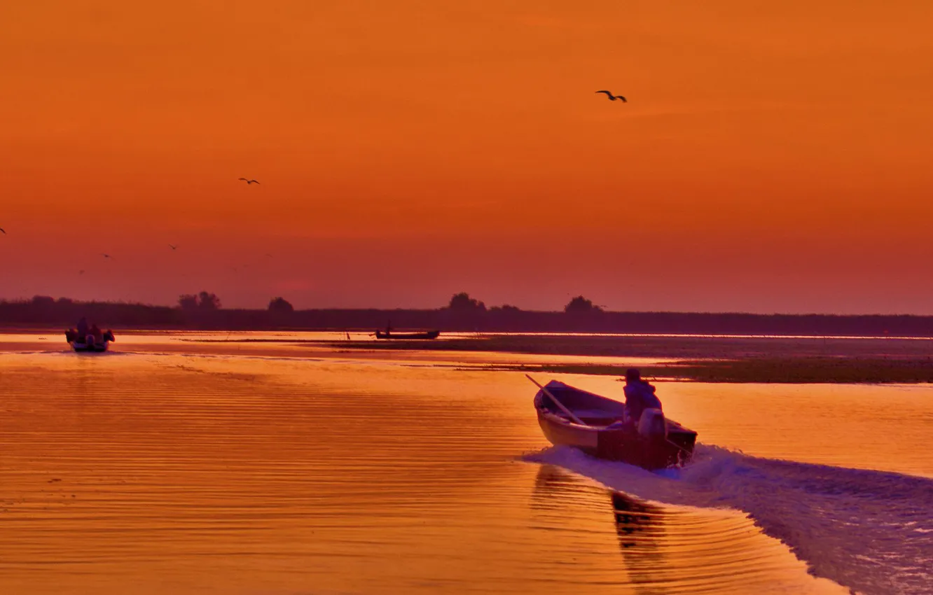Photo wallpaper nature, boat, glow, Ukraine, Danube delta
