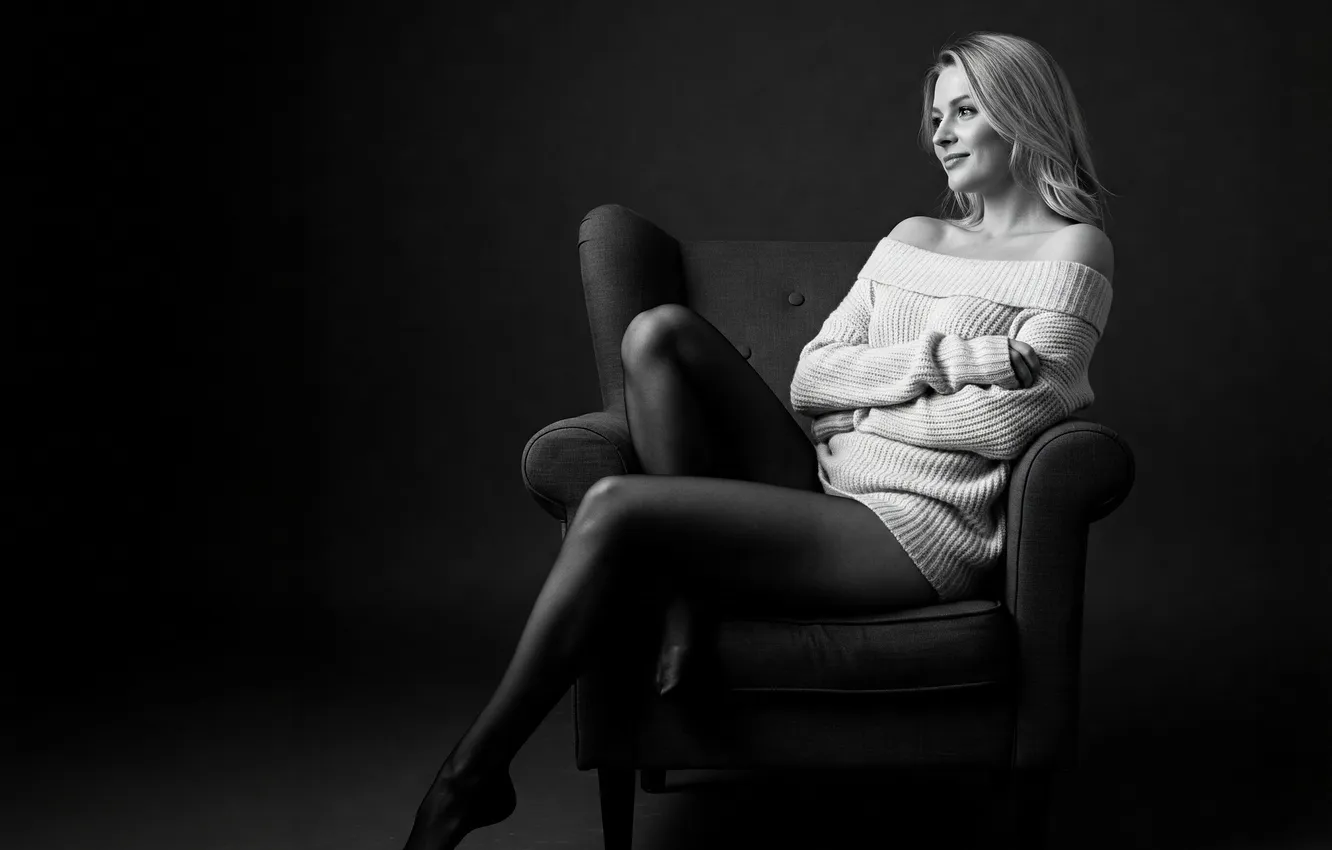 Photo wallpaper girl, black and white, tights, legs, sweater