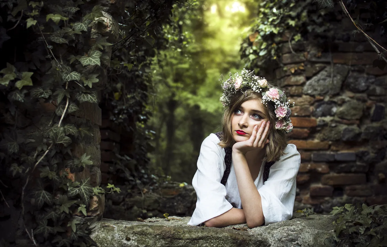 Photo wallpaper look, leaves, girl, light, flowers, nature, pose, stones