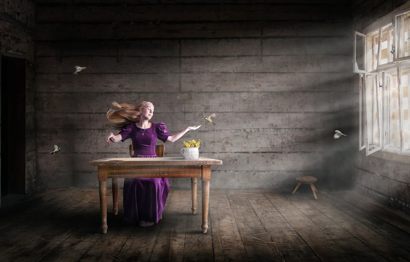 Photo wallpaper girl, table, bird
