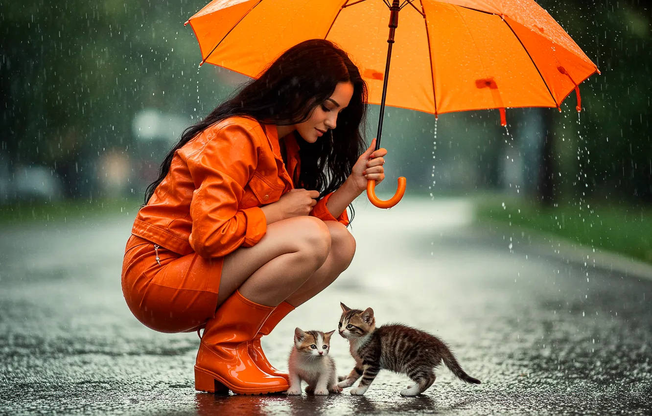 Photo wallpaper rain, umbrella, kitty, girl