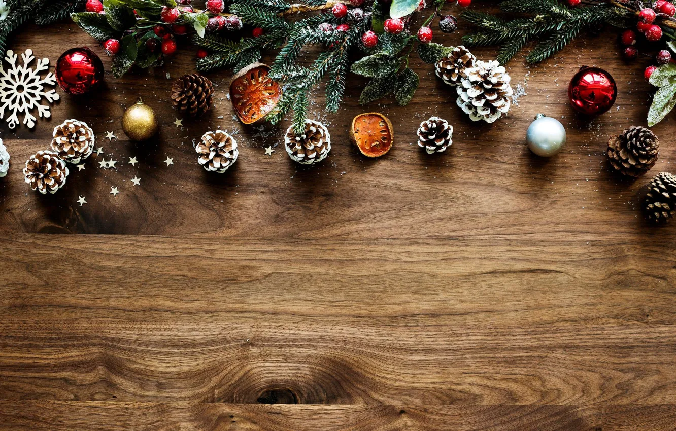Photo wallpaper spruce, branch, wood, bumps, Christmas decorations, decor
