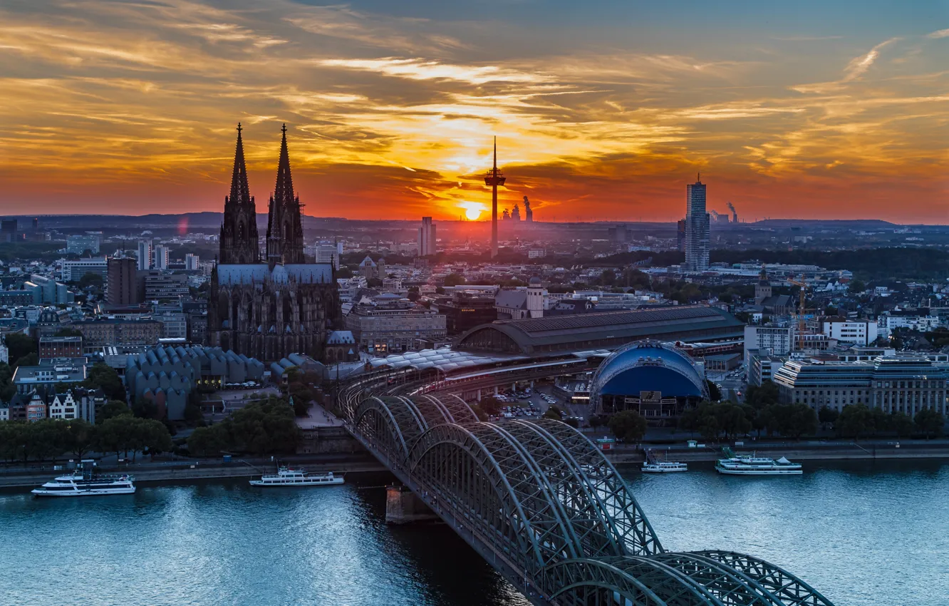 Photo wallpaper sunset, bridge, river, Germany, Cologne