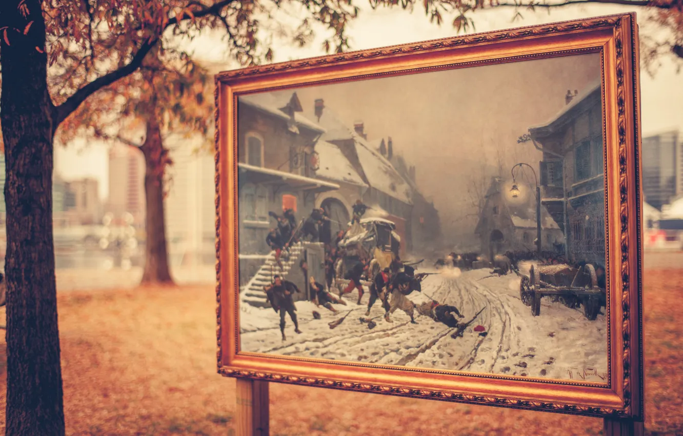 Photo wallpaper leaves, trees, the city, street, building, picture