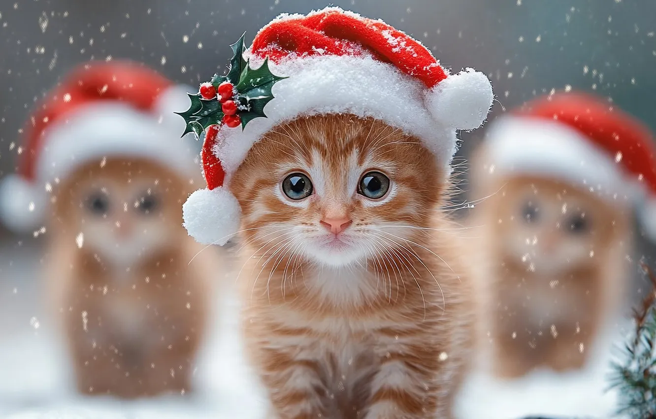 Photo wallpaper snow, hat, kitty