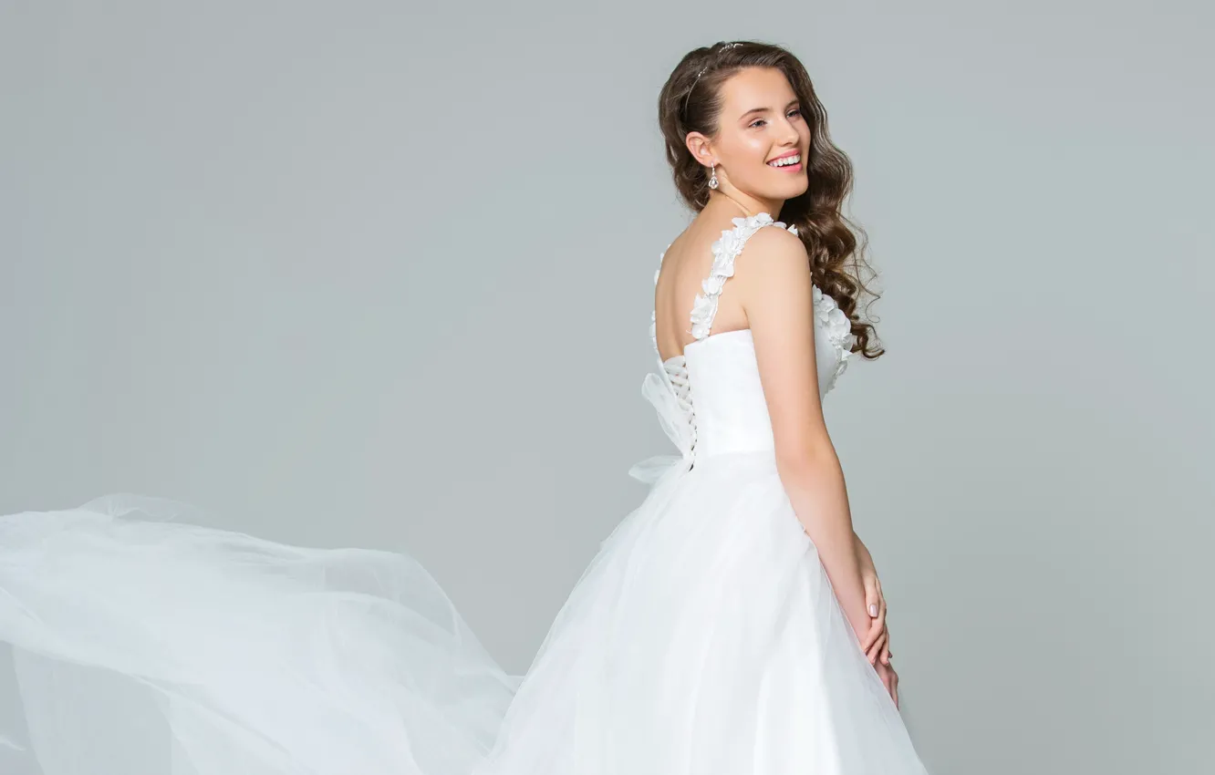 Photo wallpaper girl, joy, happiness, smile, background, makeup, dress, hairstyle