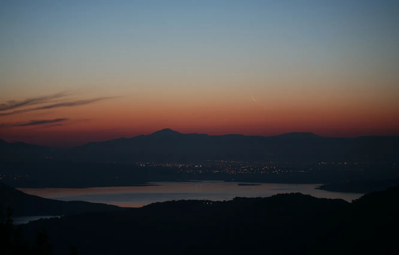 Photo wallpaper mountains, the city, lights, lake, sunrise, The moon, Venus, Turkey