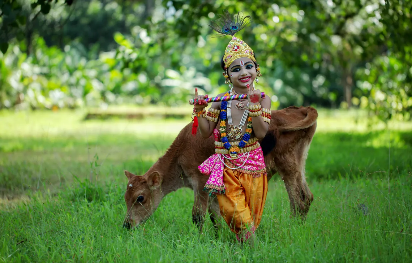 Photo wallpaper tube, cows, children, fingers, gesture, cosplay, Krishna, glade