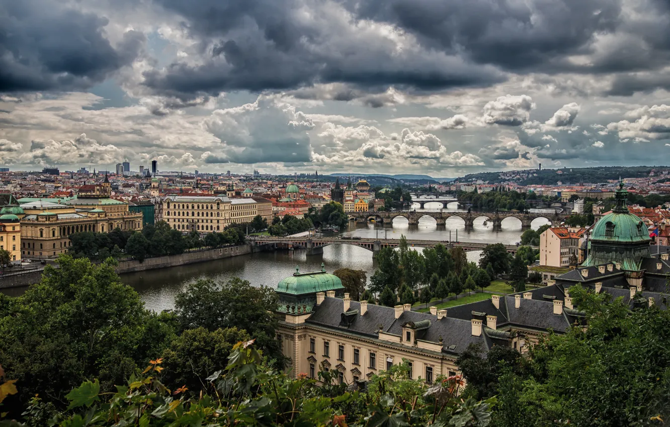 Photo wallpaper river, home, Prague, Czech Republic, panorama, bridges, Vltava