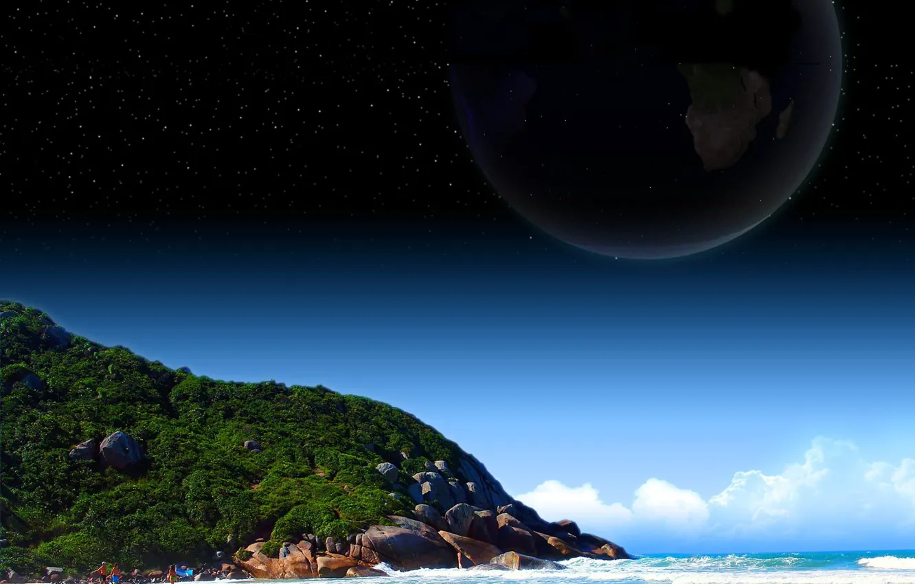 Photo wallpaper wave, beach, mountains, nature