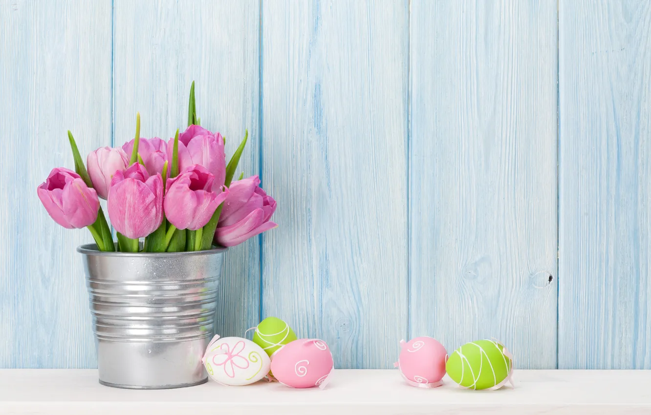 Photo wallpaper flowers, eggs, bouquet, spring, colorful, Easter, tulips, happy