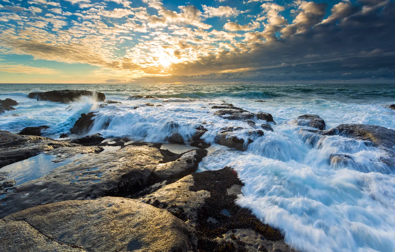 Photo wallpaper wave, the sky, water, the sun, clouds, stones, horizon
