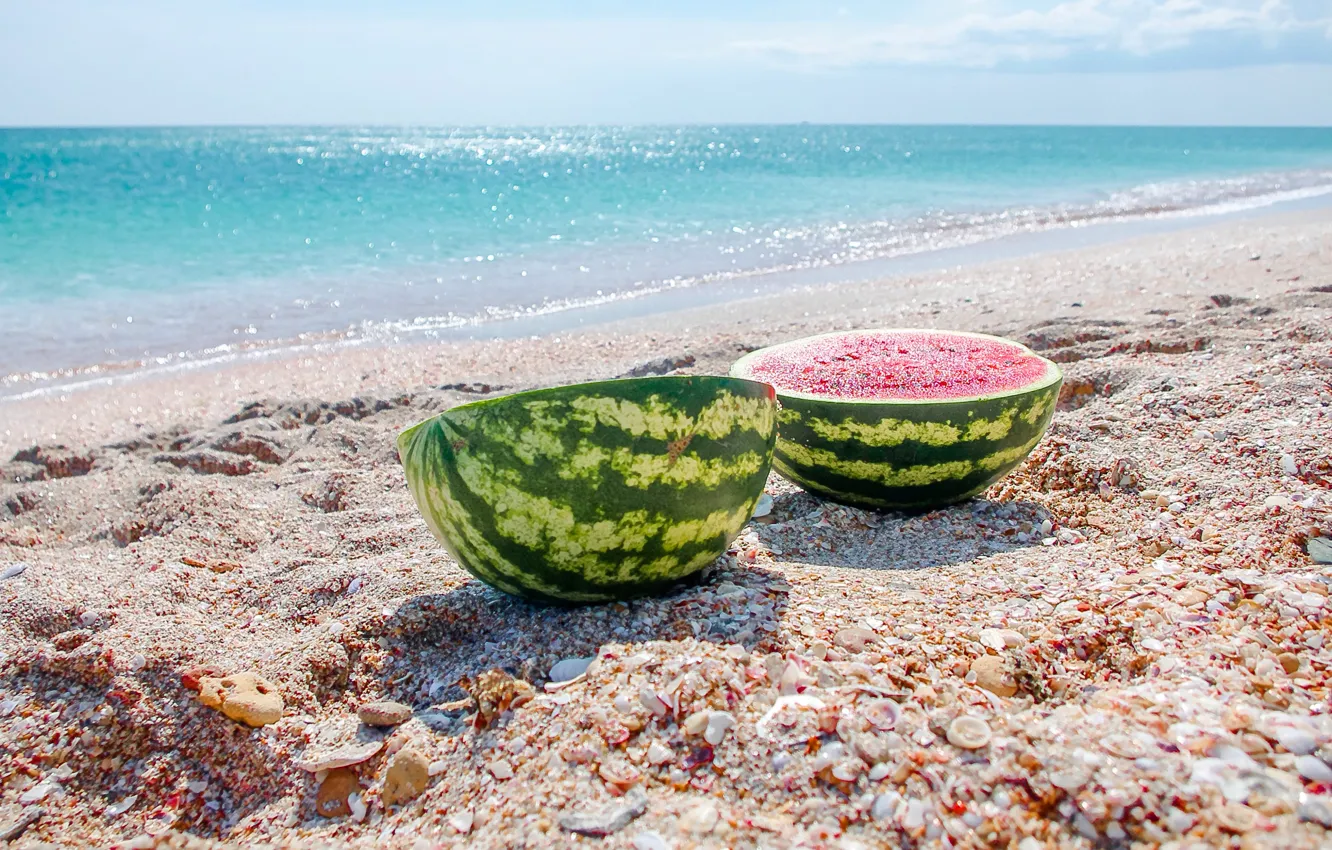 Photo wallpaper sea, beach, summer, pebbles, shore, coast, food, watermelon