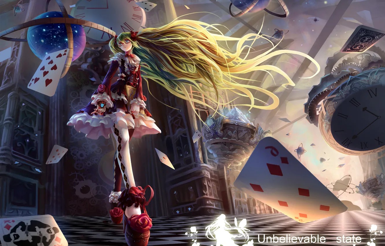 Photo wallpaper card, girl, magic, watch, book, vocaloid, hatsune miku, globe