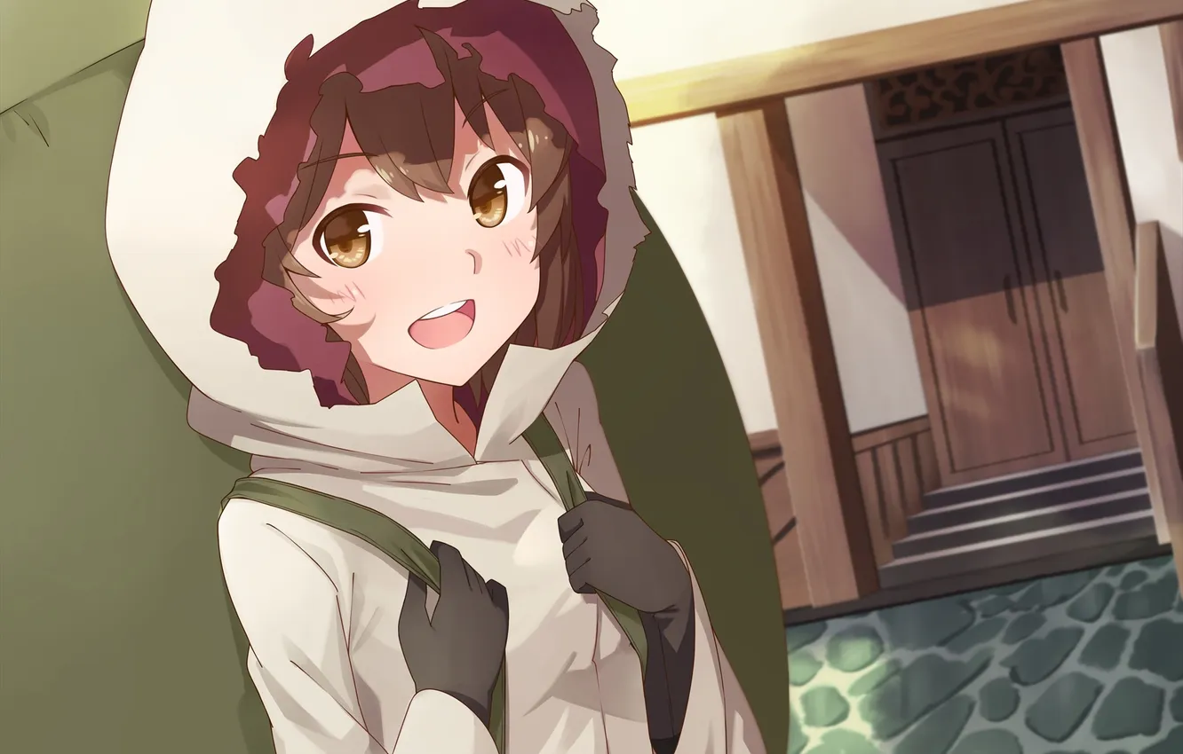 Photo wallpaper girl, hood, backpack, anime, art, Arde Liliruca, dacchi, DanMaChi