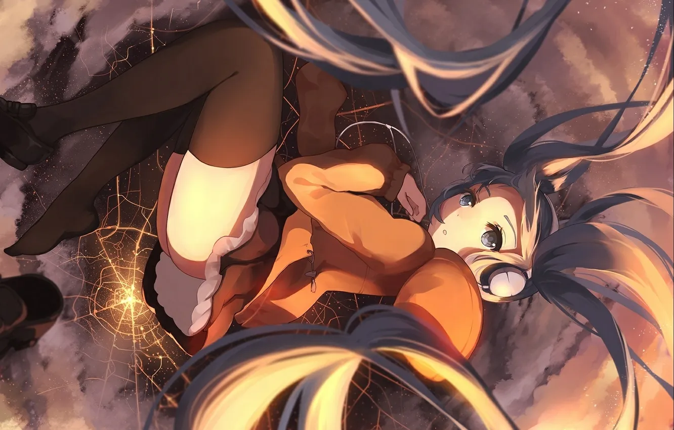 Photo wallpaper girl, clouds, the city, lights, height, anime, headphones, drop