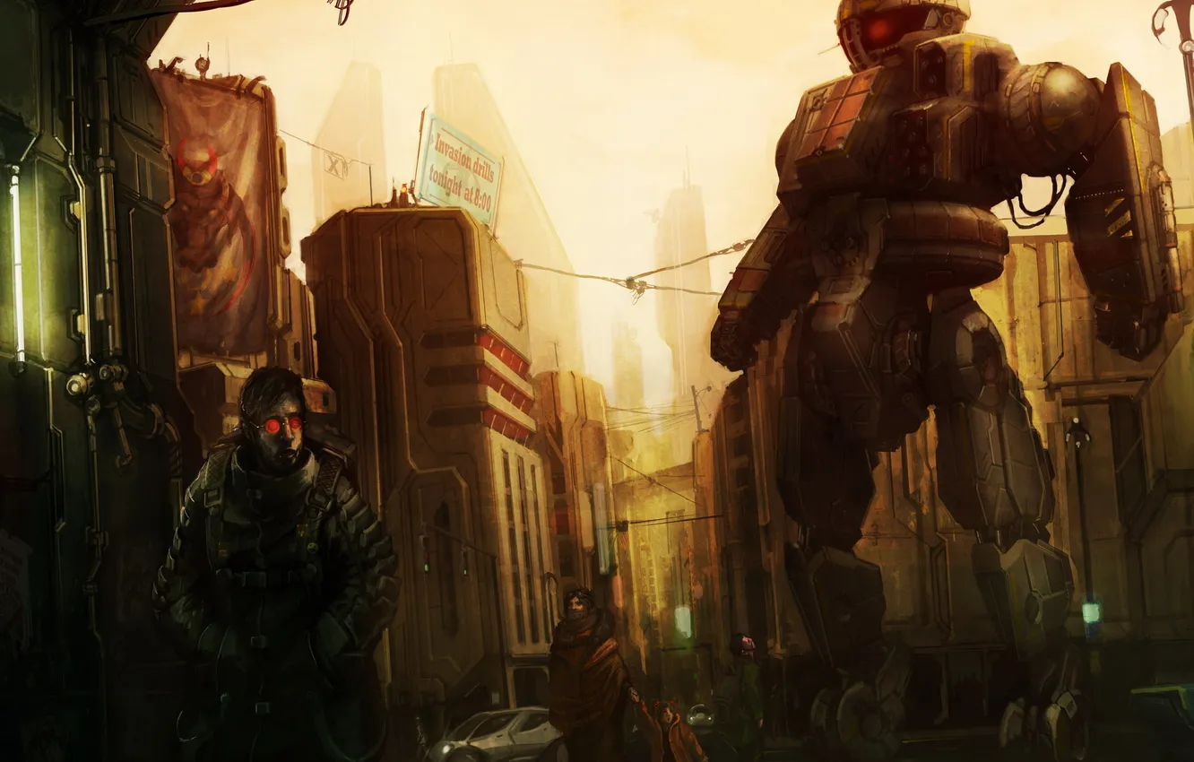 Photo wallpaper machine, the city, future, robot, sign, residents