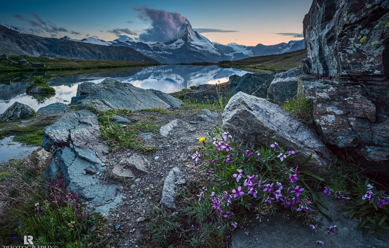 Photo wallpaper clouds, flowers, mountains, nature, lake