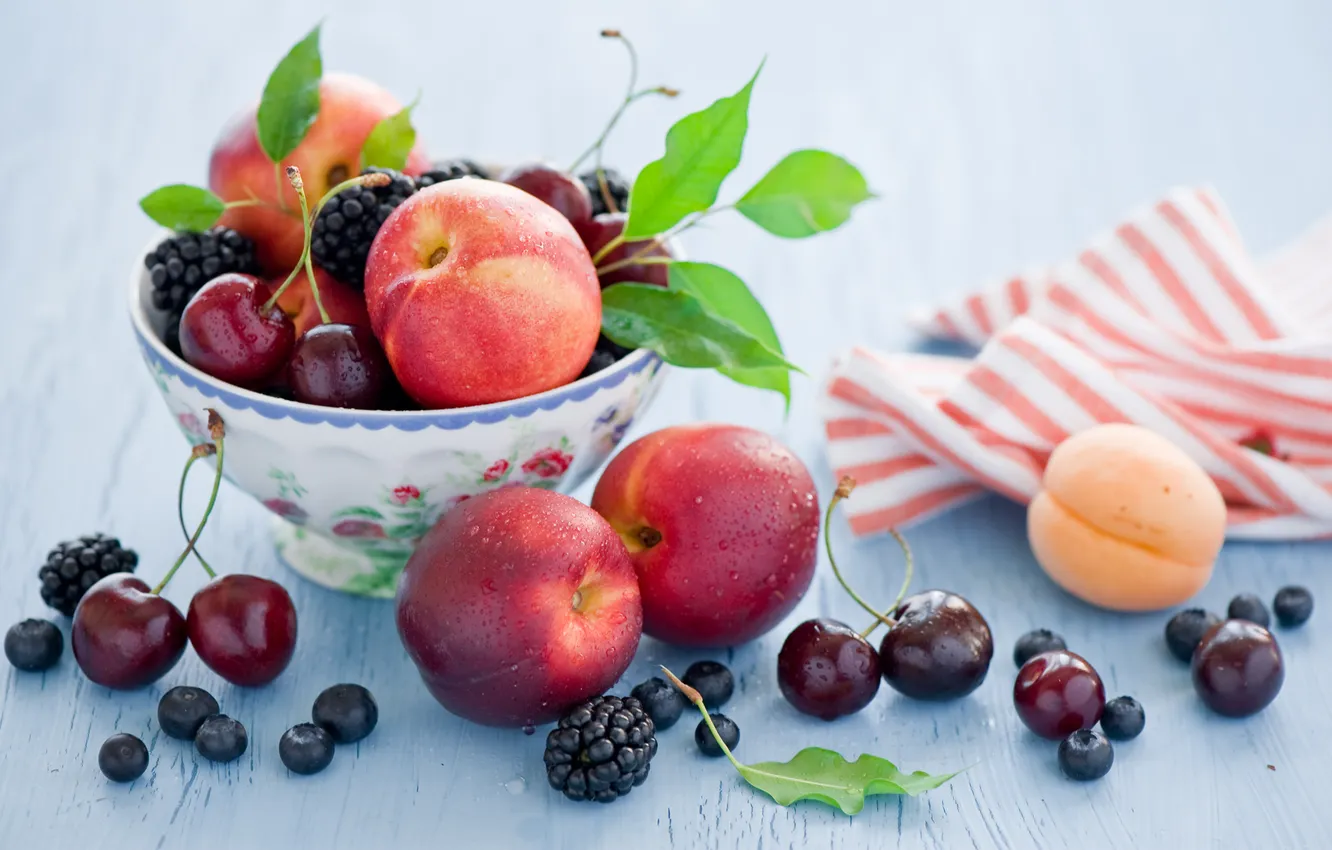 Photo wallpaper berries, fruit, still life, apricot, cherry, BlackBerry, blueberries, bowl