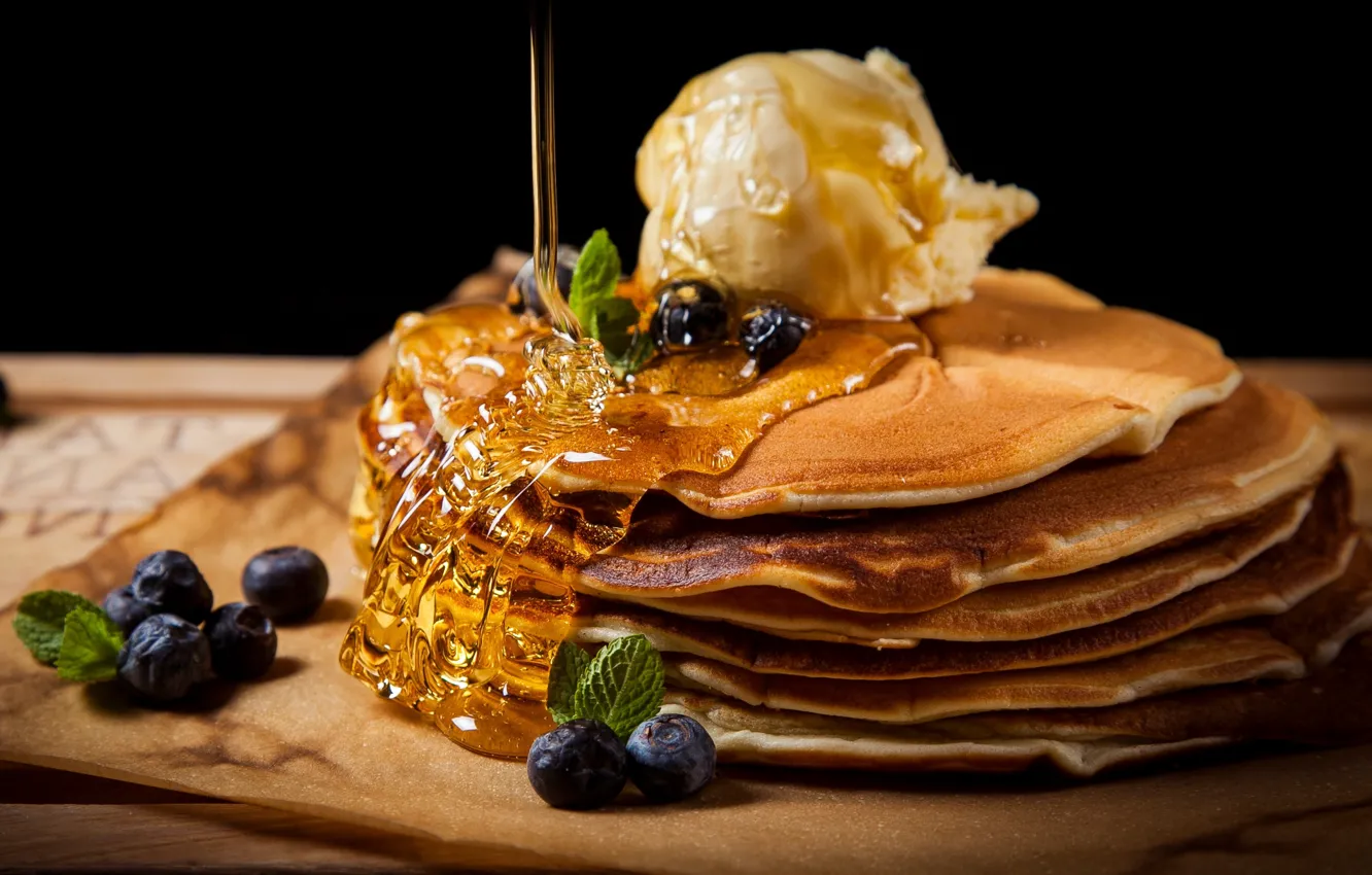 Photo wallpaper berries, honey, ice cream, pancakes