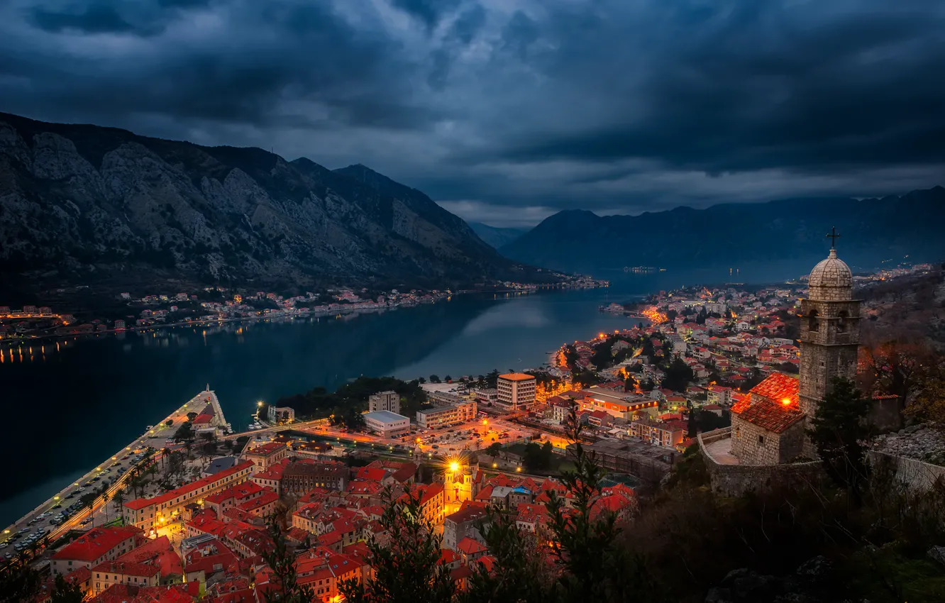 Photo wallpaper mountains, night, lights, shore, home, Bay, Montenegro, the fjord