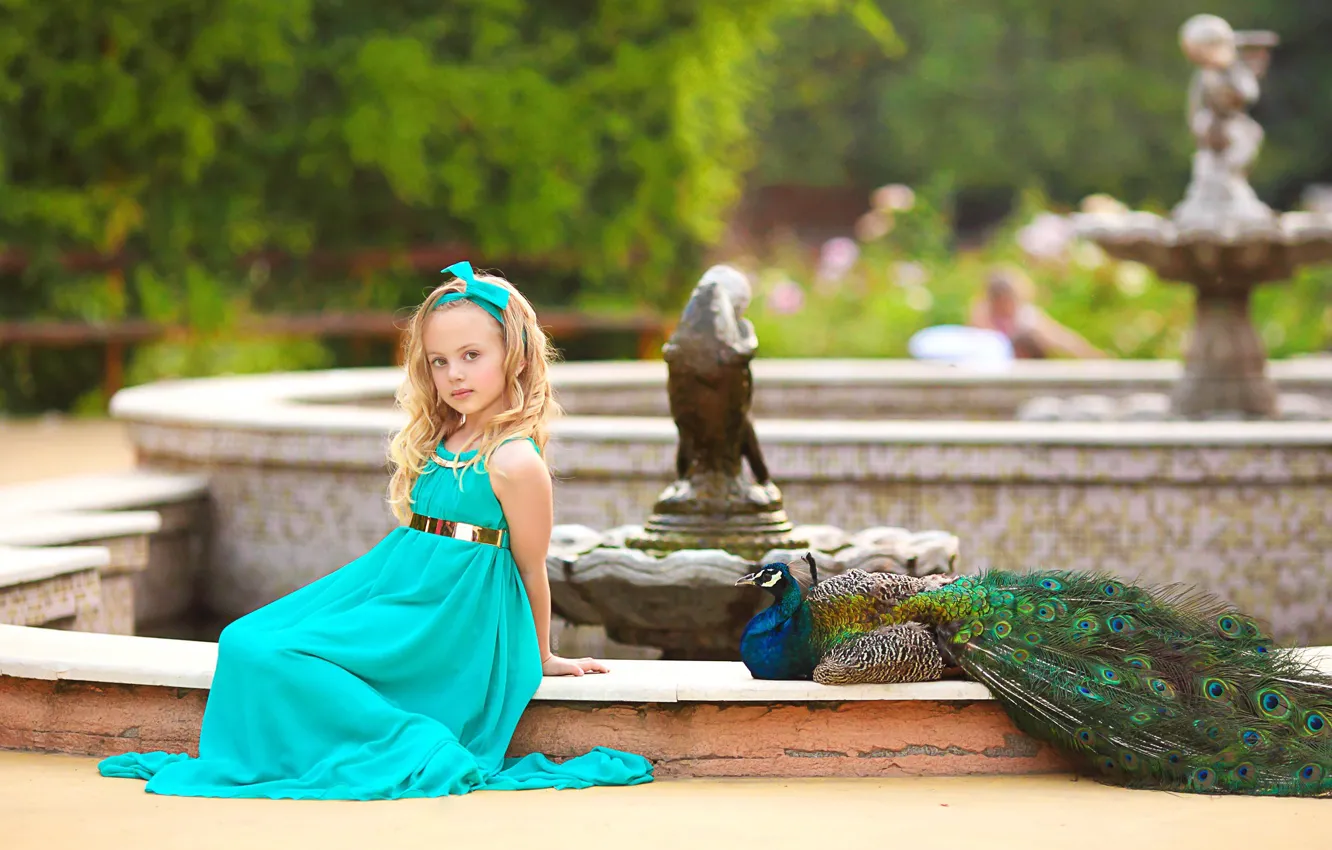 Photo wallpaper Park, bird, girl, peacock