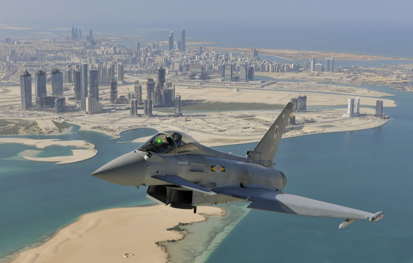 Photo wallpaper flight, the city, fighter, Dubai, multipurpose, Eurofighter Typhoon