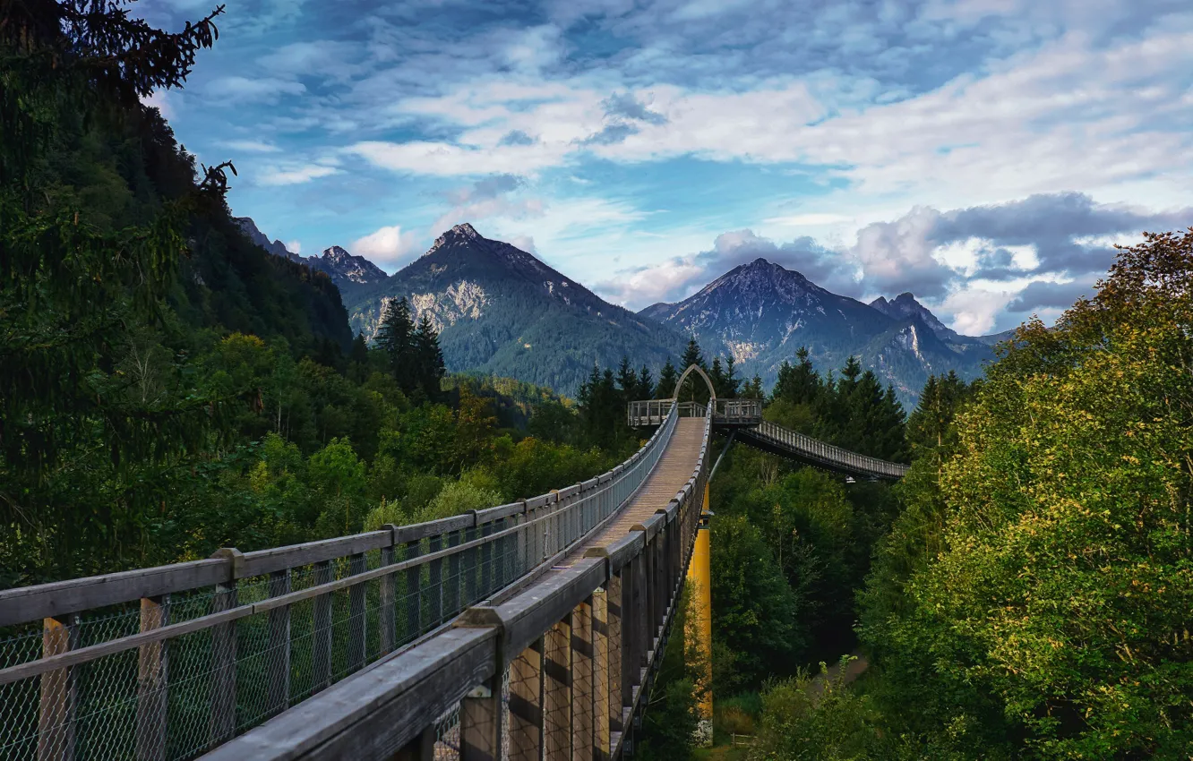Photo wallpaper clouds, landscape, mountains, bridge, nature, Germany, Bayern, forest